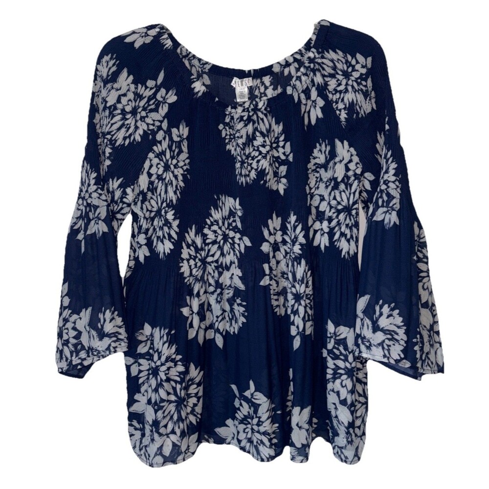 SPENSE Women’s Sheer Blouse Size LARGE BUTTERFLY SLEEVE TOP Navy/White EUC